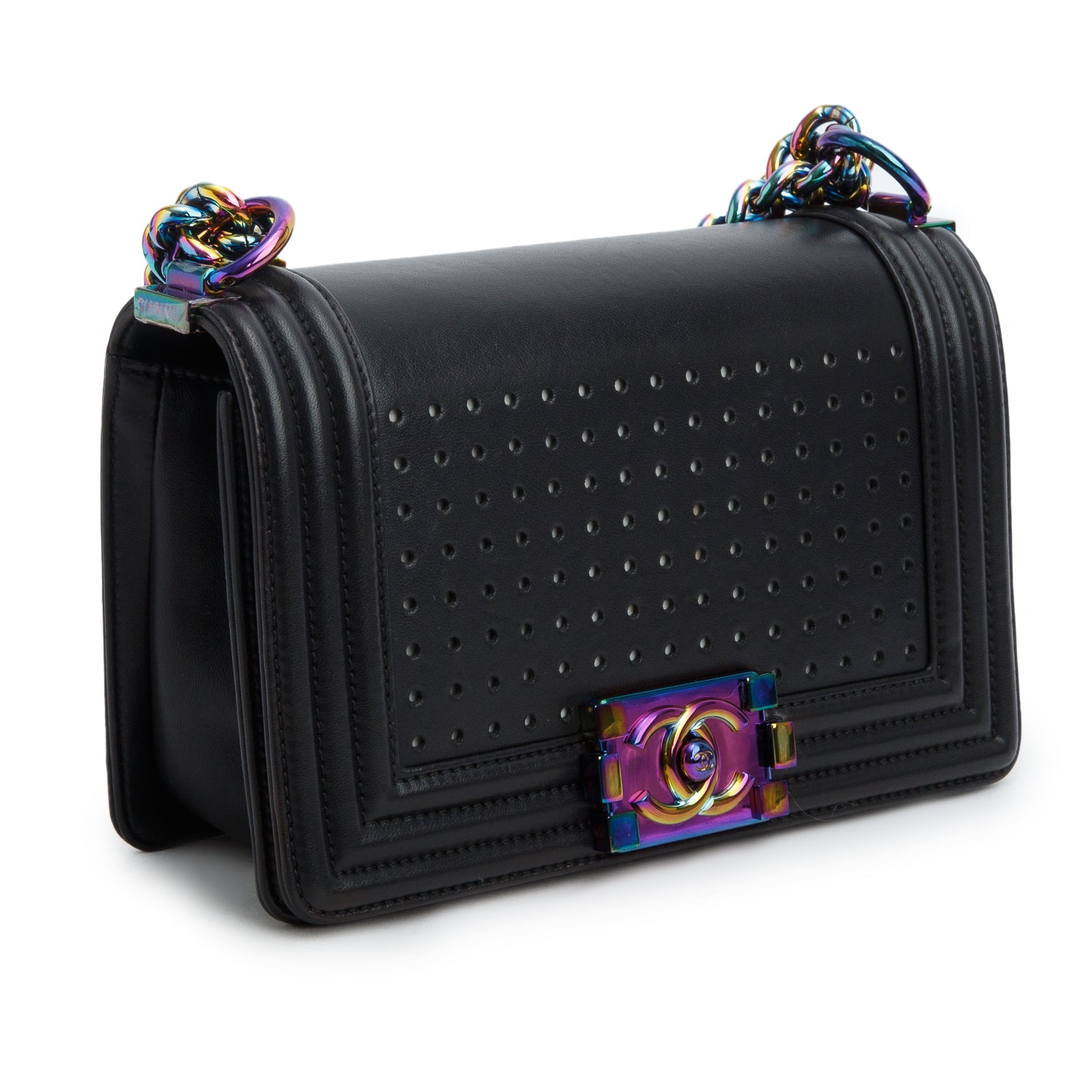 Chanel Iridescent Metal Black Lambskin Leather LED Small Boy Bag w/ Box & Authenticity Card
