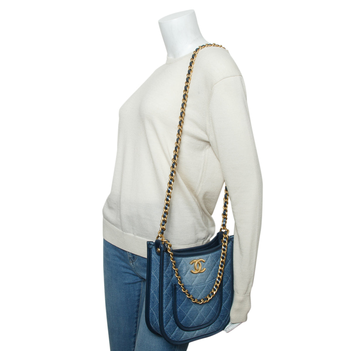 Chanel 2024 Blue Washed Denim Quilted Small Hobo w/ Box & Receipt