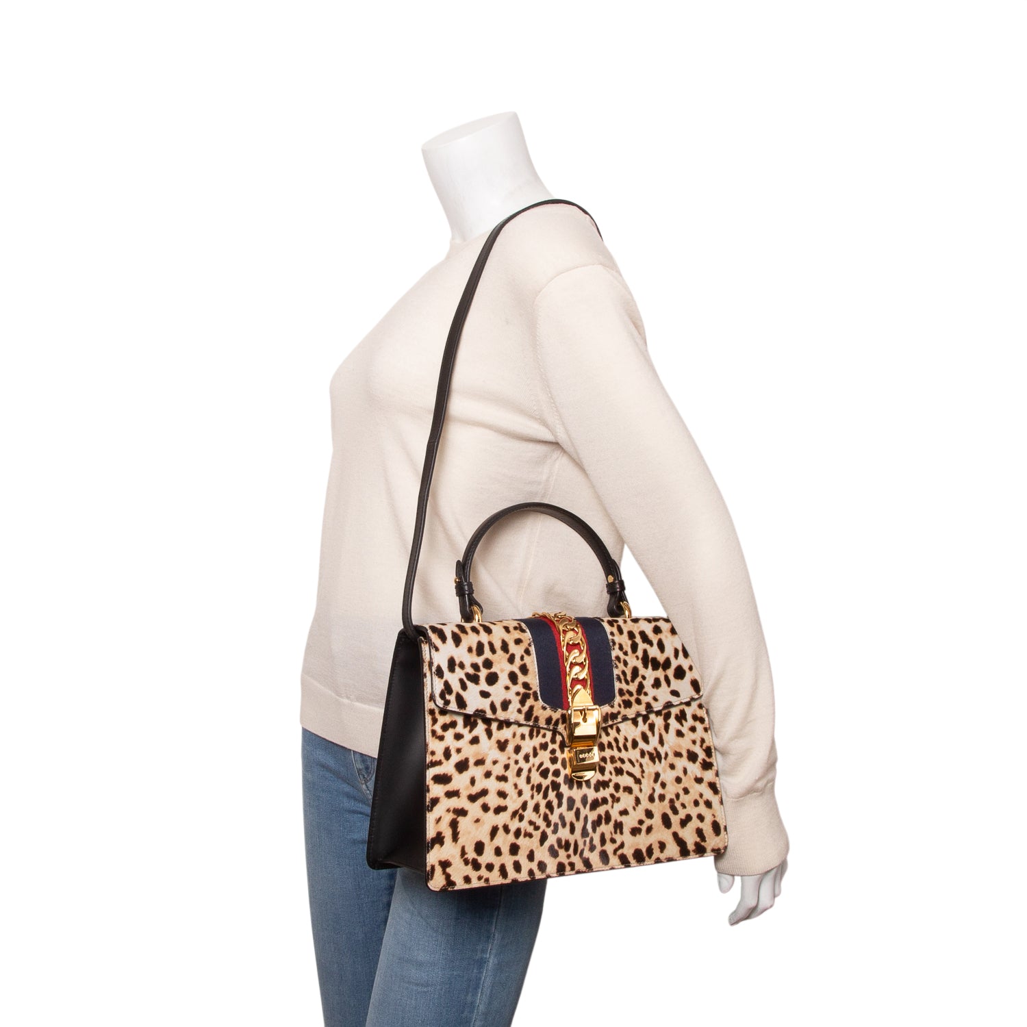 Gucci Calf Hair Leopard Print Medium Sylvie Top Handle Bag w/ Strap