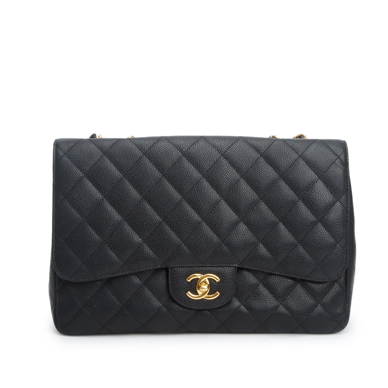 Chanel Black Caviar Classic Jumbo Single Flap Bag w/ Authenticity Card