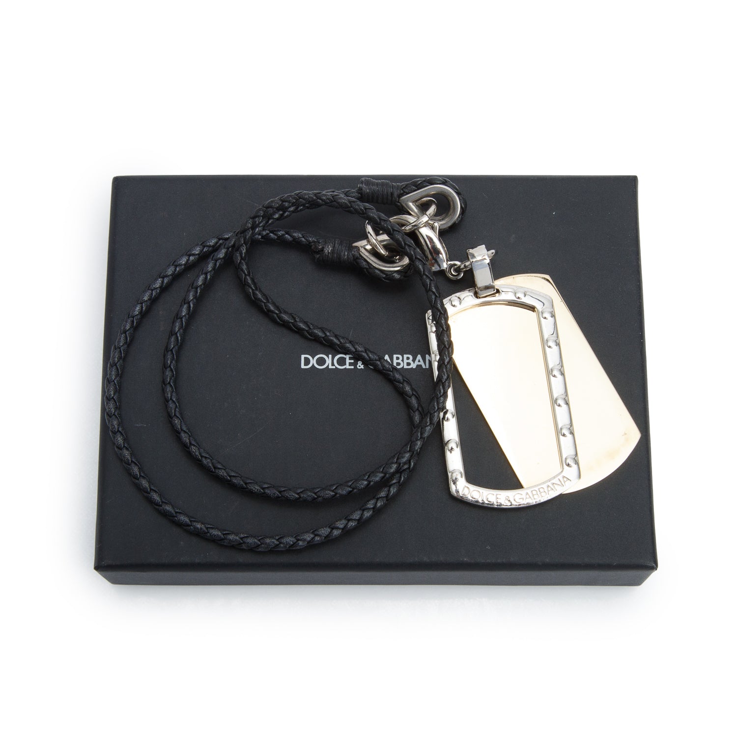 Dolce & Gabbana Gold & Silver Plated Metal Dog Tag Pendant Leather Necklace w/ Box