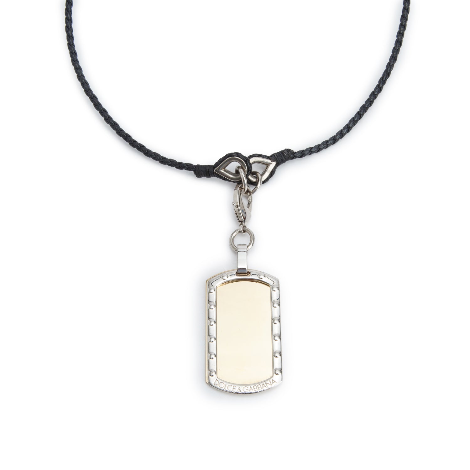 Dolce & Gabbana Gold & Silver Plated Metal Dog Tag Pendant Leather Necklace w/ Box