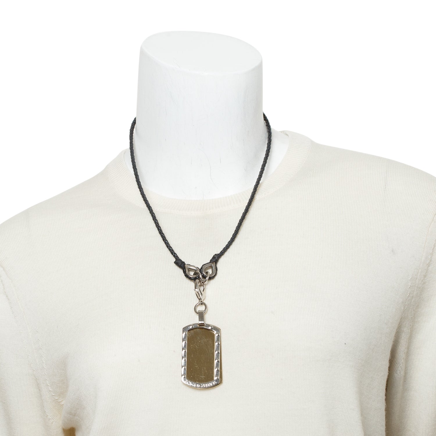 Dolce & Gabbana Gold & Silver Plated Metal Dog Tag Pendant Leather Necklace w/ Box