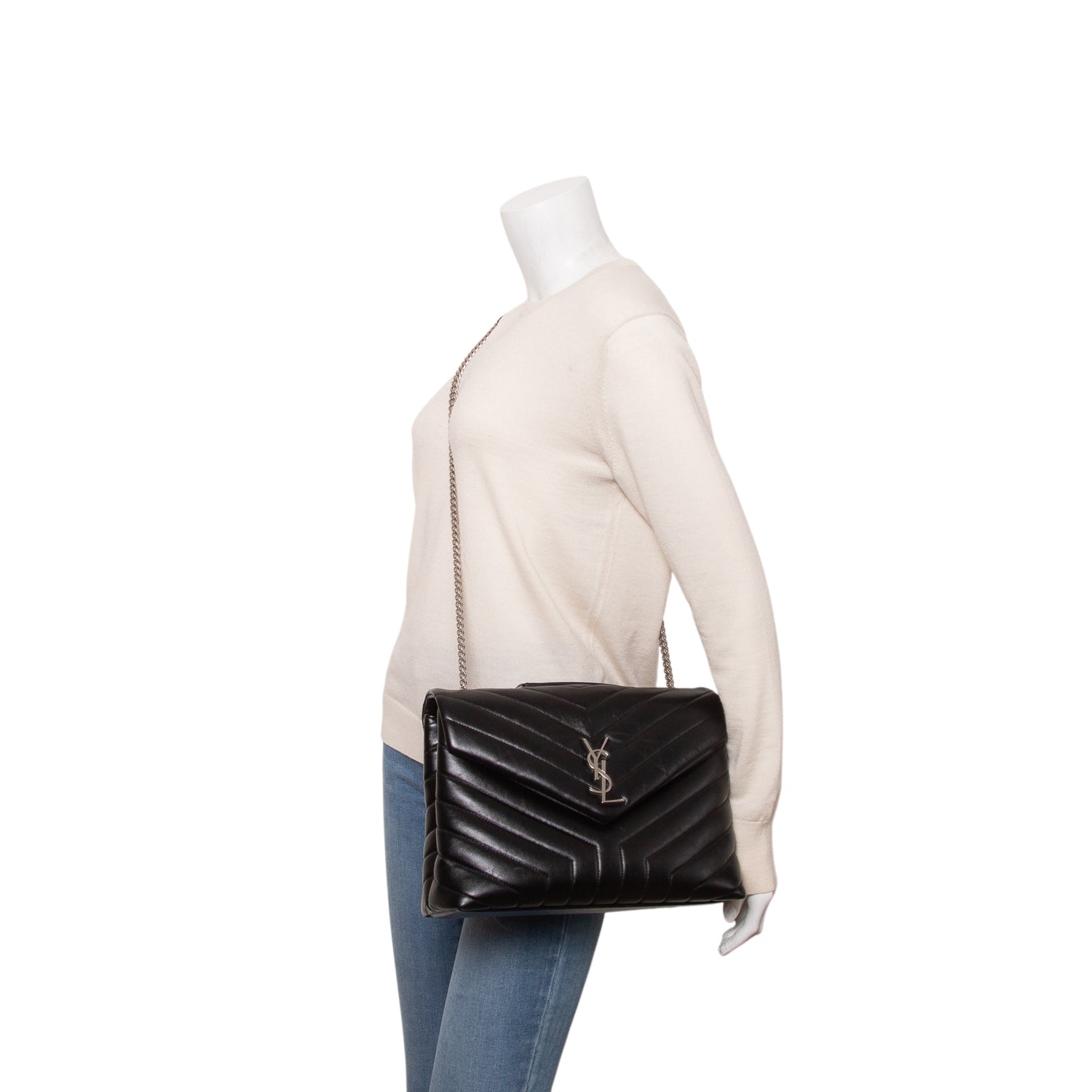 Saint Laurent Black Calfskin Y Quilted Monogram Medium Loulou Chain Satchel