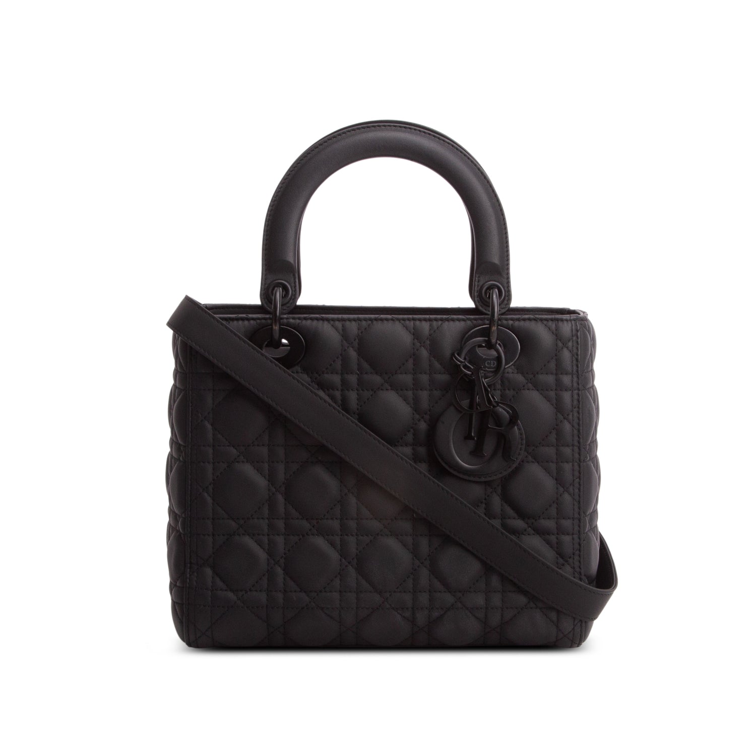 Christian Dior Black Ultra Matte Calfskin Cannage Medium Lady Dior w/ Authenticity Card & Strap