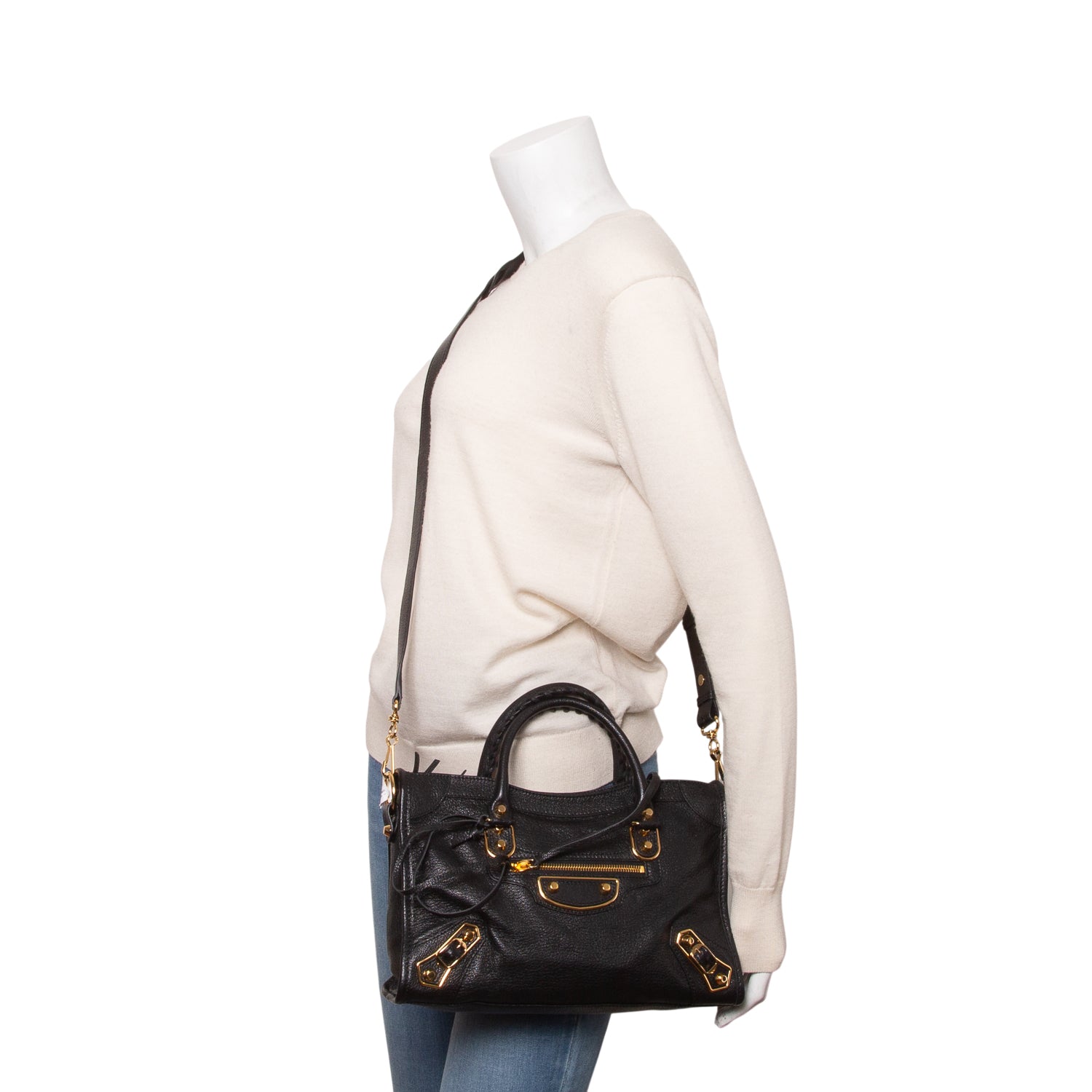 Balenciaga Black Agneau Arena Gold Hardware Small Le City Bag w/ Strap