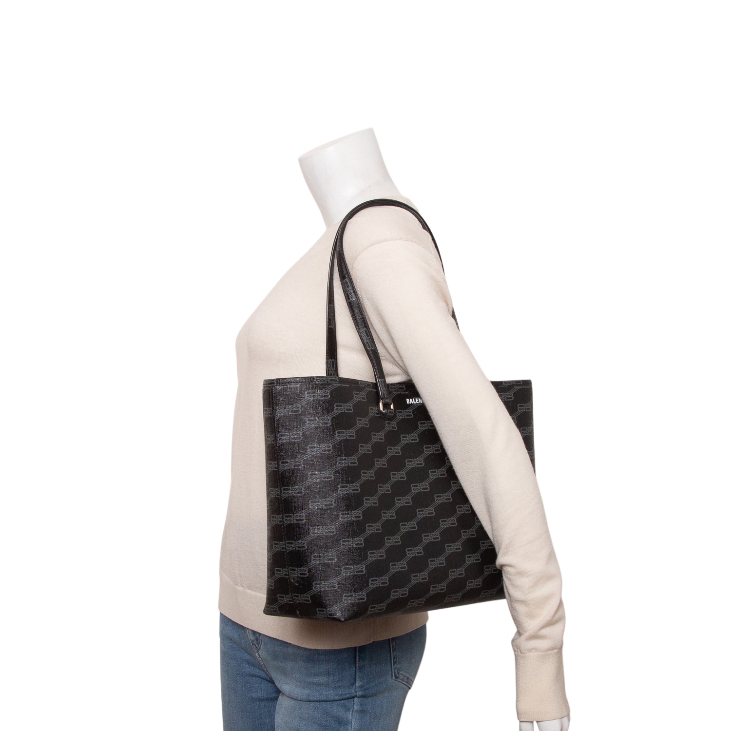 Balenciaga Black Coated Canvas BB Monogram Medium Signature East West Shopper Bag