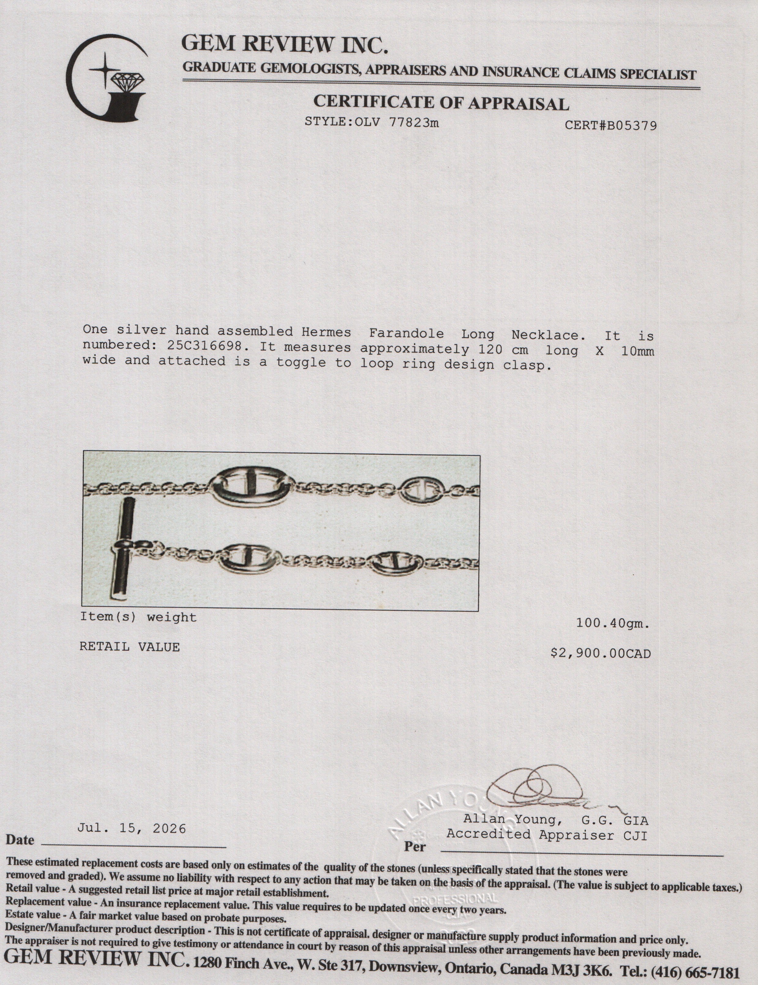 Hermes 2026 Sterling Silver Farandole Long Necklace, 120 cm w/ Box & Certificate