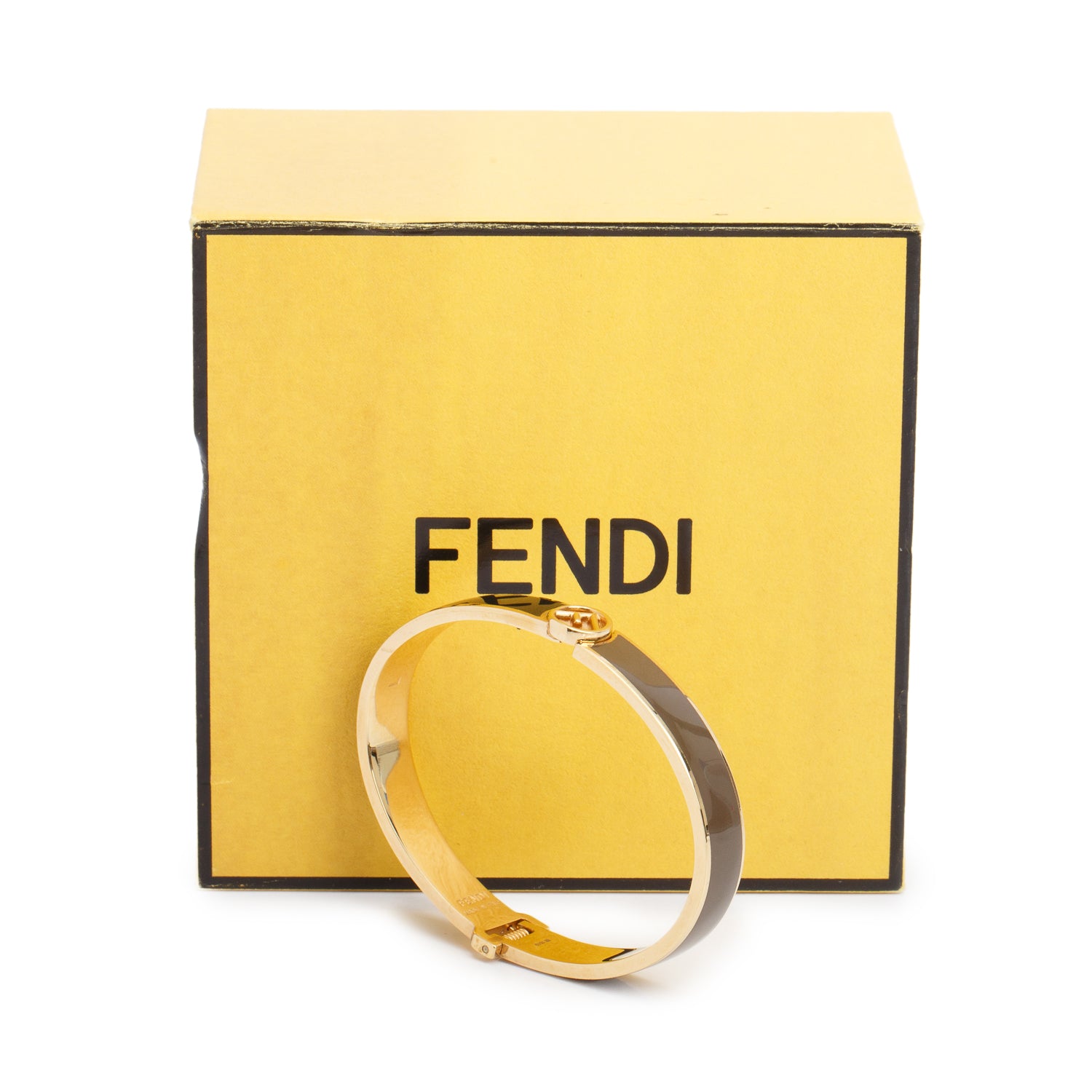 Fendi Gold-Tone Metal Black & Taupe Enamel F is Fendi Hinged Bangle w/ Box