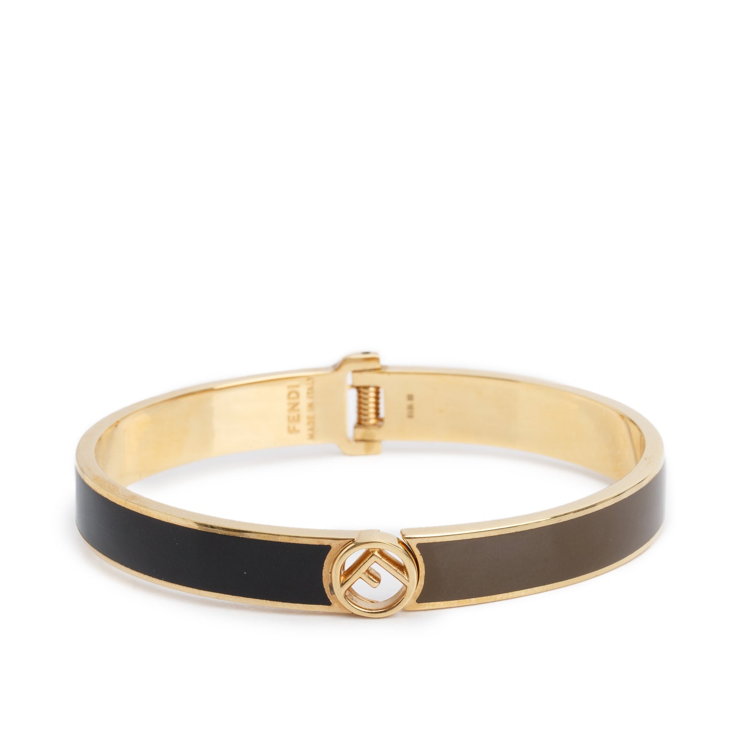 Fendi Gold-Tone Metal Black & Taupe Enamel F is Fendi Hinged Bangle w/ Box