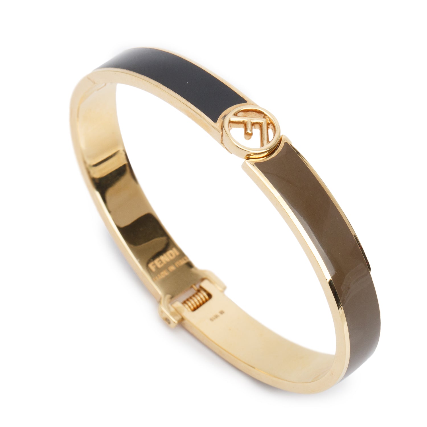 Fendi Gold-Tone Metal Black & Taupe Enamel F is Fendi Hinged Bangle w/ Box
