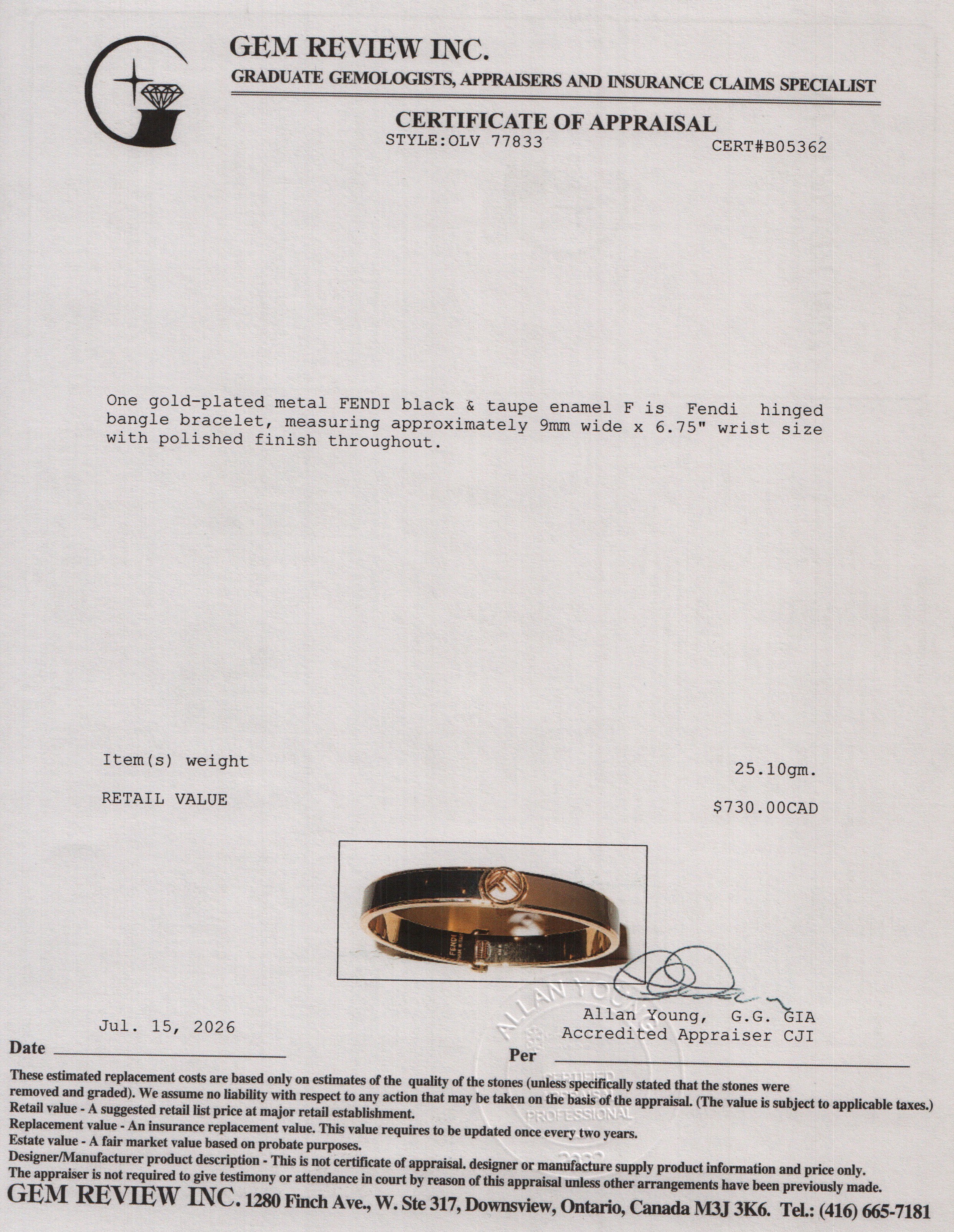 Fendi Gold-Tone Metal Black & Taupe Enamel F is Fendi Hinged Bangle w/ Box