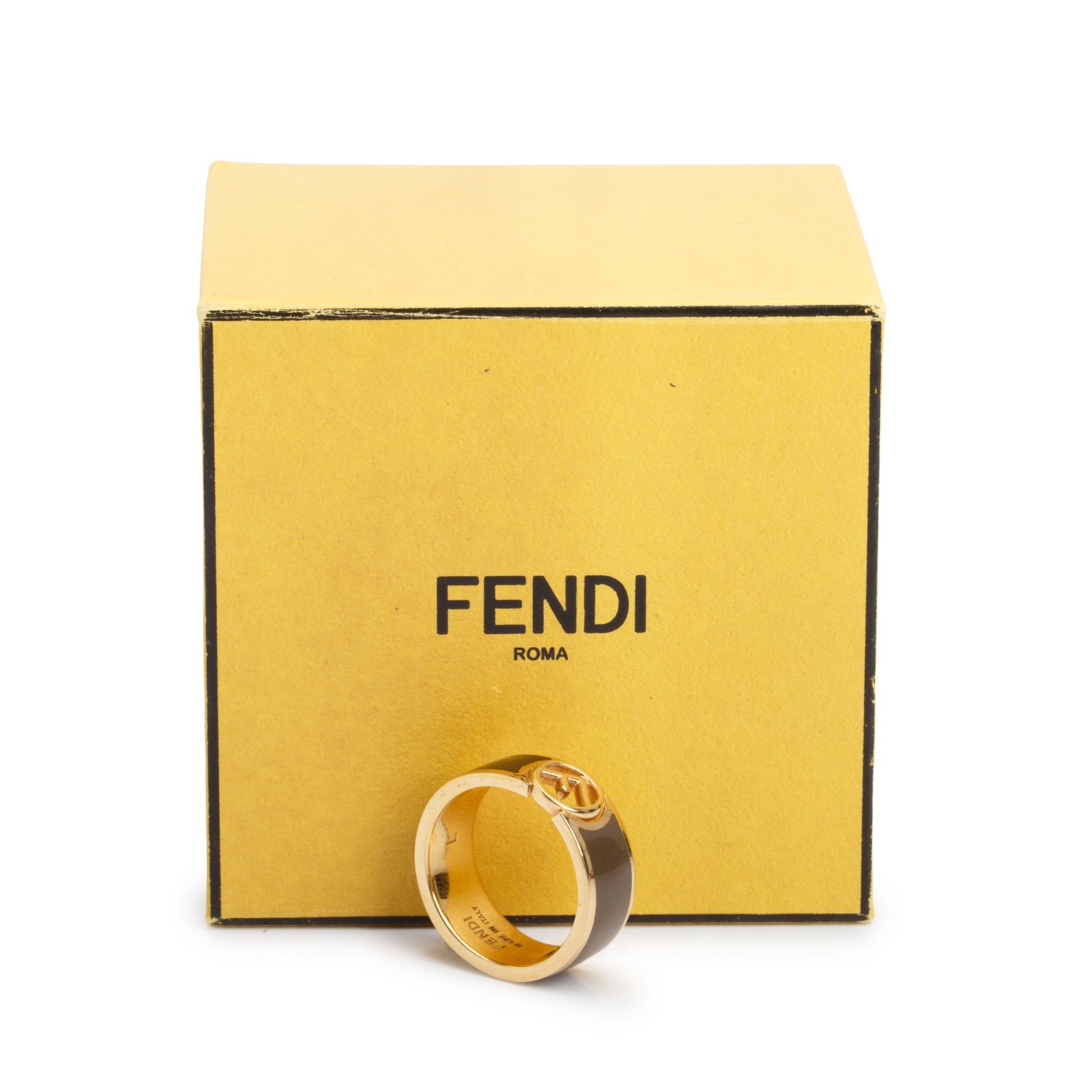 Fendi Gold-Plated Brass Black & taupe Enamel F is Fendi Band Ring, Size L  8 w/ Box