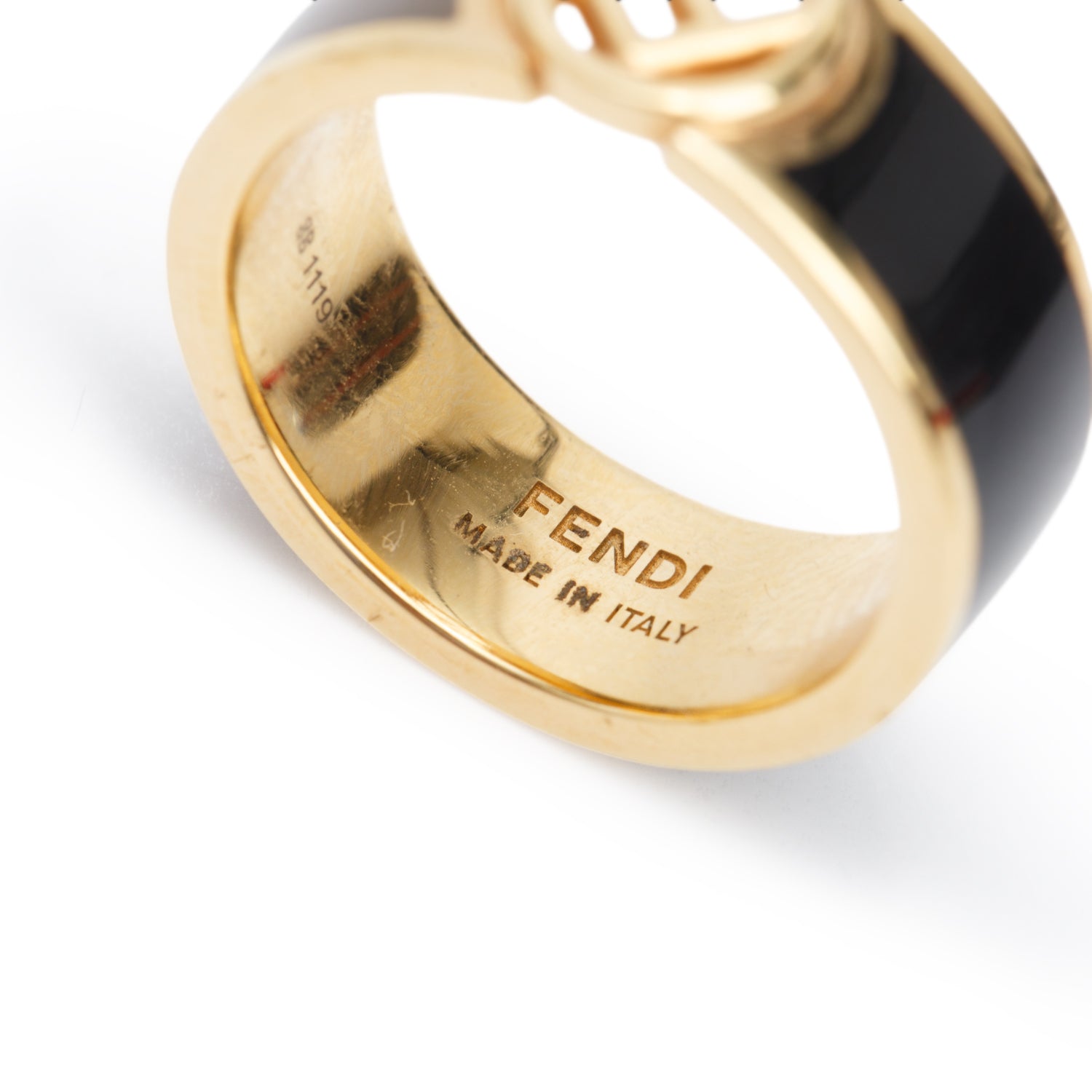 Fendi Gold-Plated Brass Black & taupe Enamel F is Fendi Band Ring, Size L  8 w/ Box