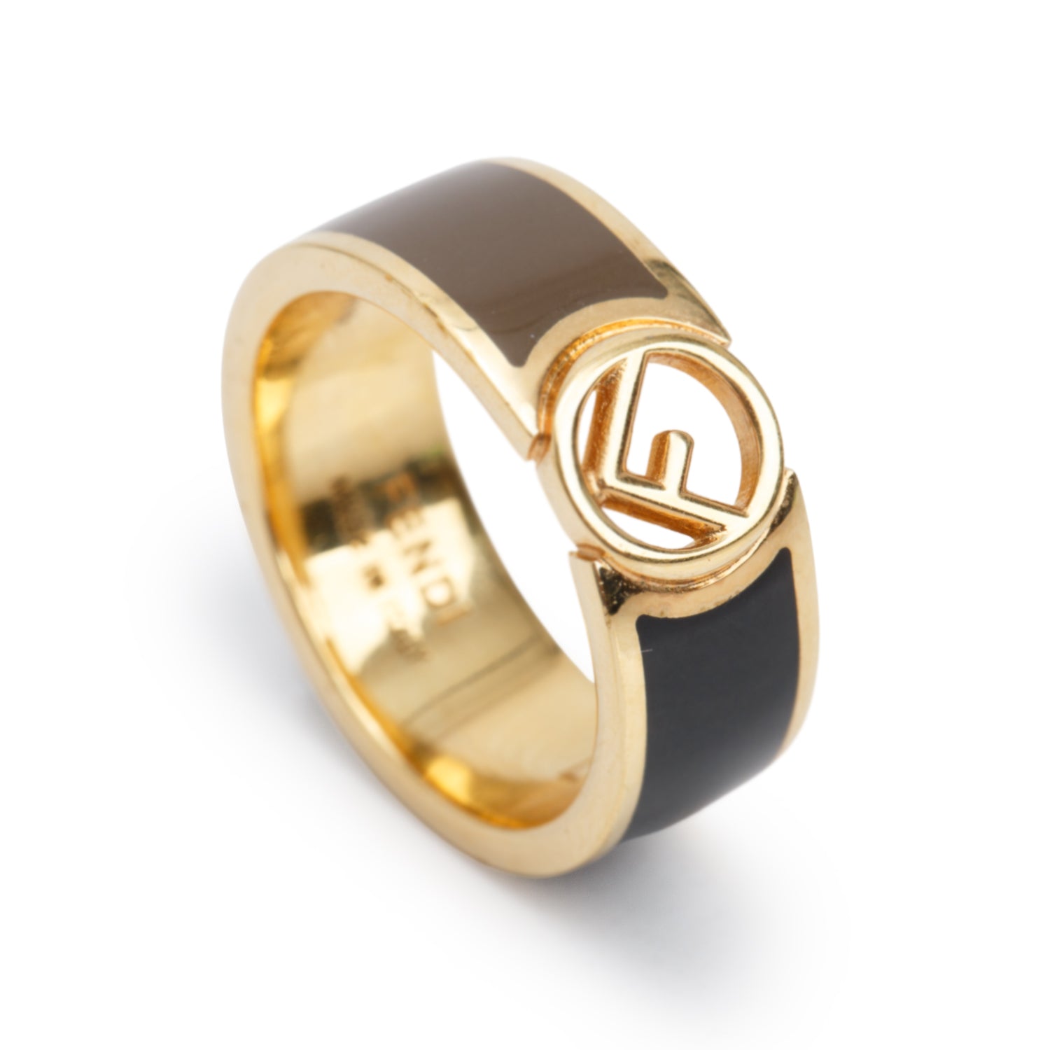 Fendi Gold-Plated Brass Black & taupe Enamel F is Fendi Band Ring, Size L  8 w/ Box