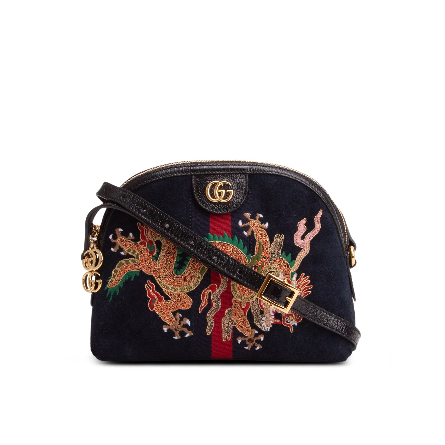 Gucci Blue Suede Patent Dragon Embroidered Small Ophidia Dome Shoulder Bag