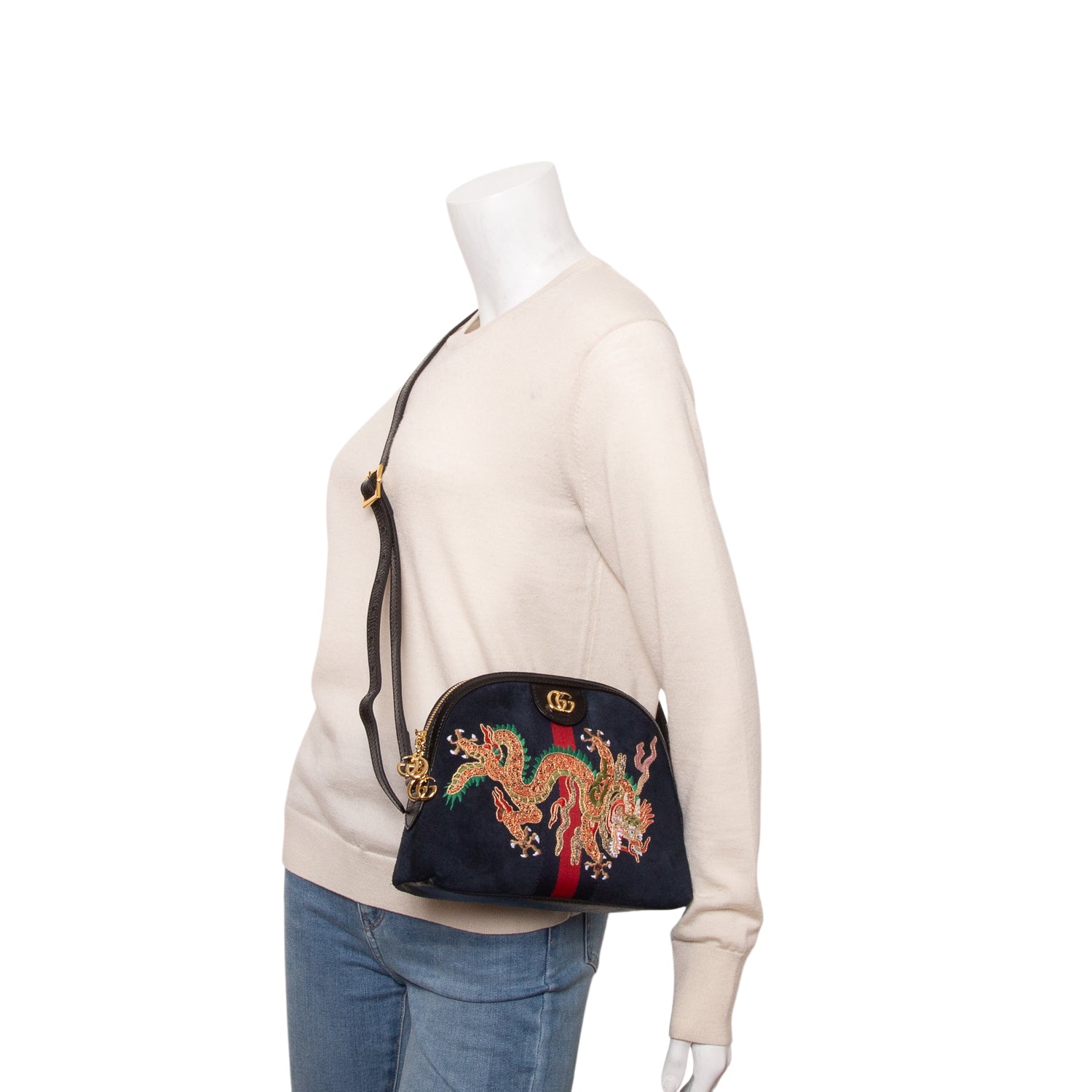 Gucci Blue Suede Patent Dragon Embroidered Small Ophidia Dome Shoulder Bag