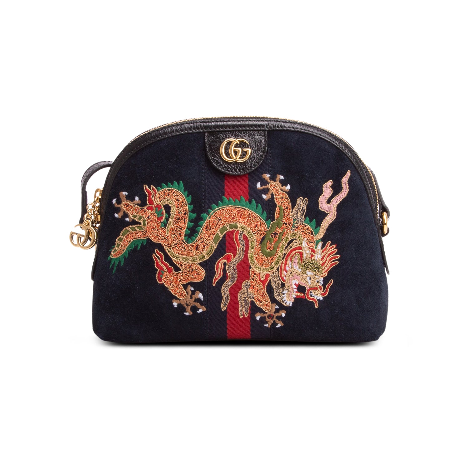 Gucci Blue Suede Patent Dragon Embroidered Small Ophidia Dome Shoulder Bag