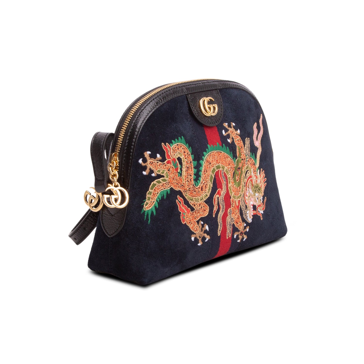 Gucci Blue Suede Patent Dragon Embroidered Small Ophidia Dome Shoulder Bag
