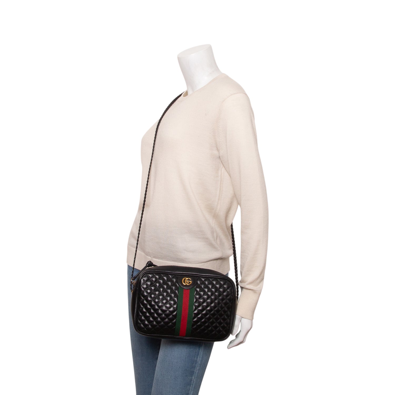 Gucci Black Calfskin Web Trapuntata Small GG Shoulder Bag