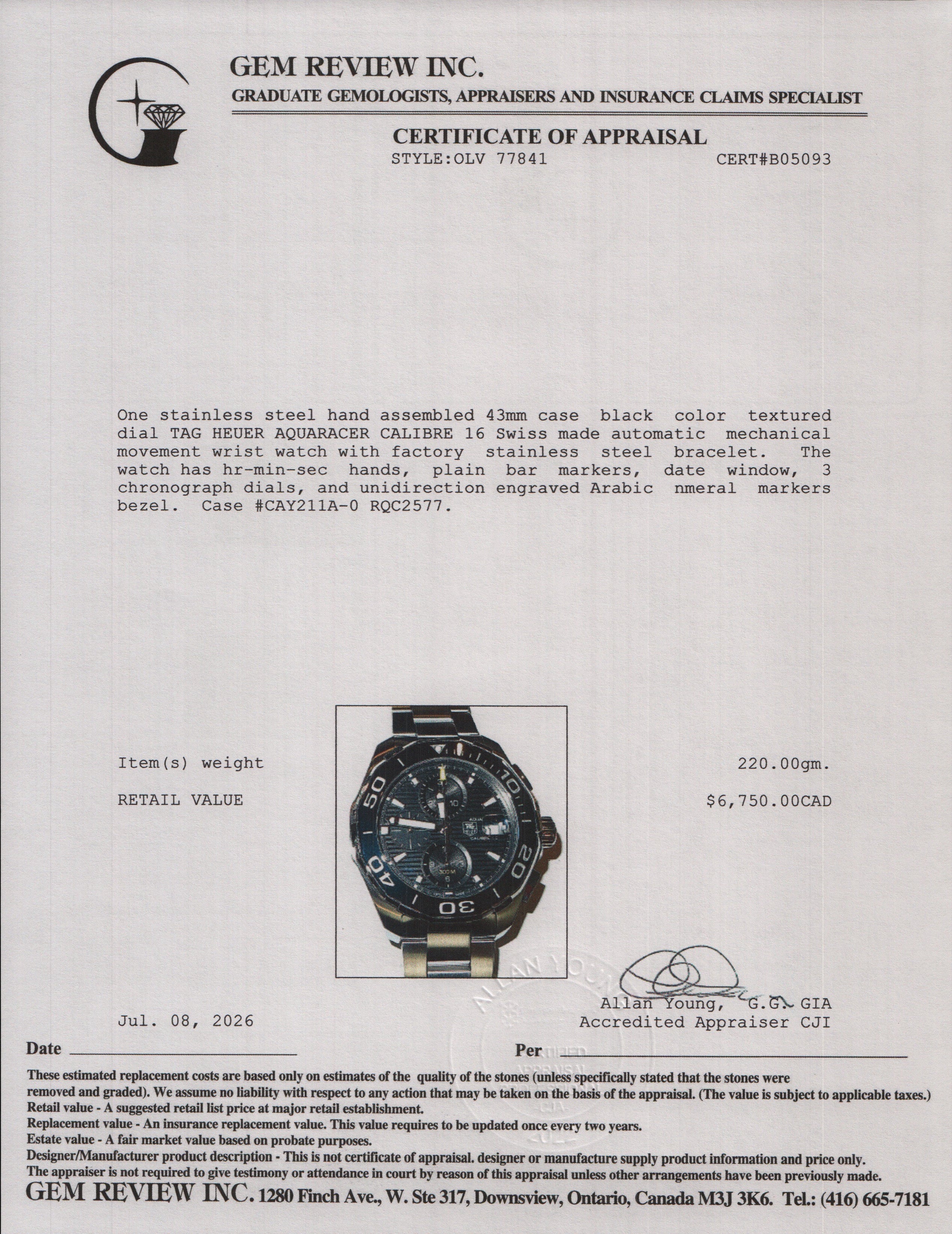 Tag Heuer Stainless Steel Aquaracer Calibre 16 43 MM Automatic Chronograph Watch Black Dial CAY211A w/ Box & Papers