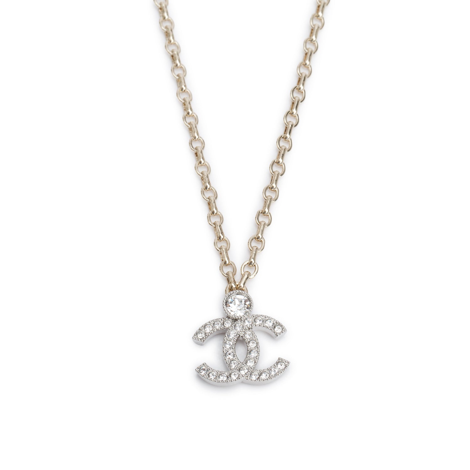 Chanel 2026 Gold-Plated Metal Strass CC Pendant Necklace w/ Box & Receipt