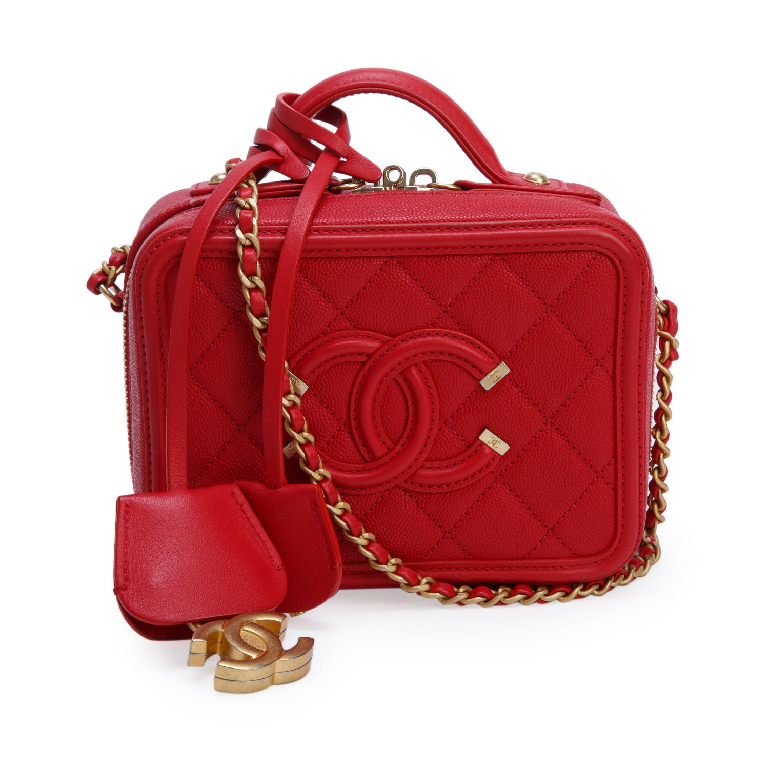 Chanel Red Caviar Quilted Small CC Filigree Vanity Case w/ Authenticity Card