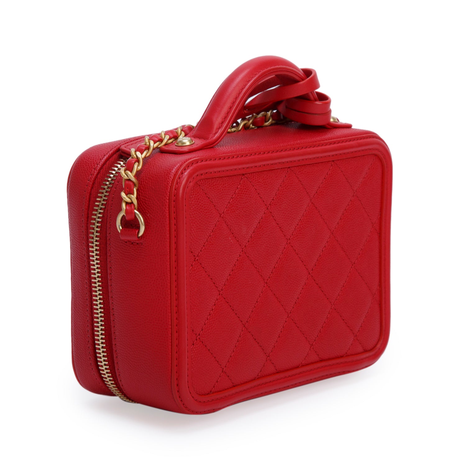 Chanel Red Caviar Quilted Small CC Filigree Vanity Case w/ Authenticity Card