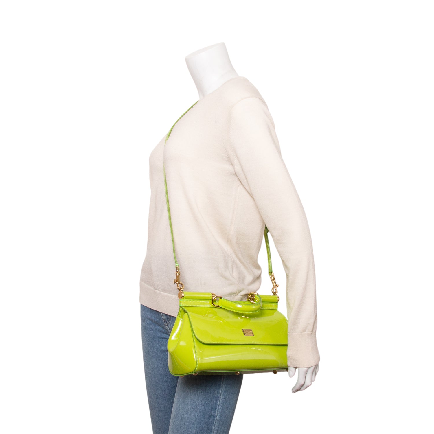 Dolce & Gabbana Green Patent Leather Medium Sicily w/ Authenticity Card & Strap