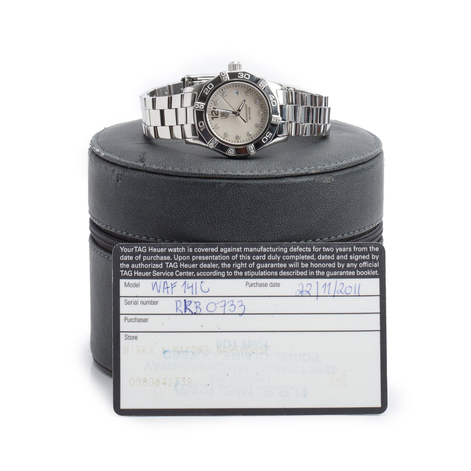 Tag Heuer Stainless Steel Diamond Bezel Aquaracer 27 MM Quartz Watch Mother of Pearl Diamond Dial WAF141G w/ Box & Papers
