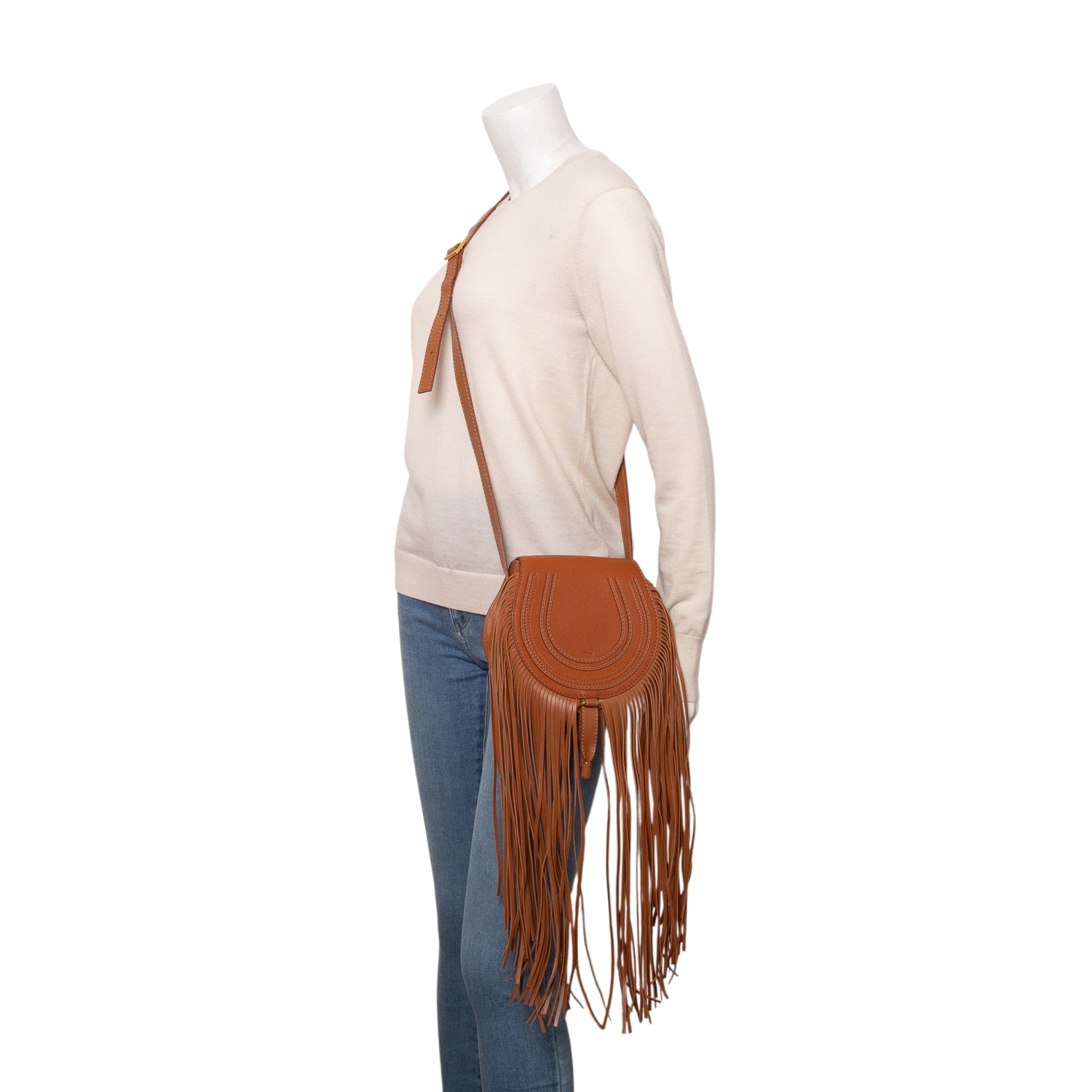 Chloe Brown Calfskin Leather Small Marcie Fringe Crossbody Bag