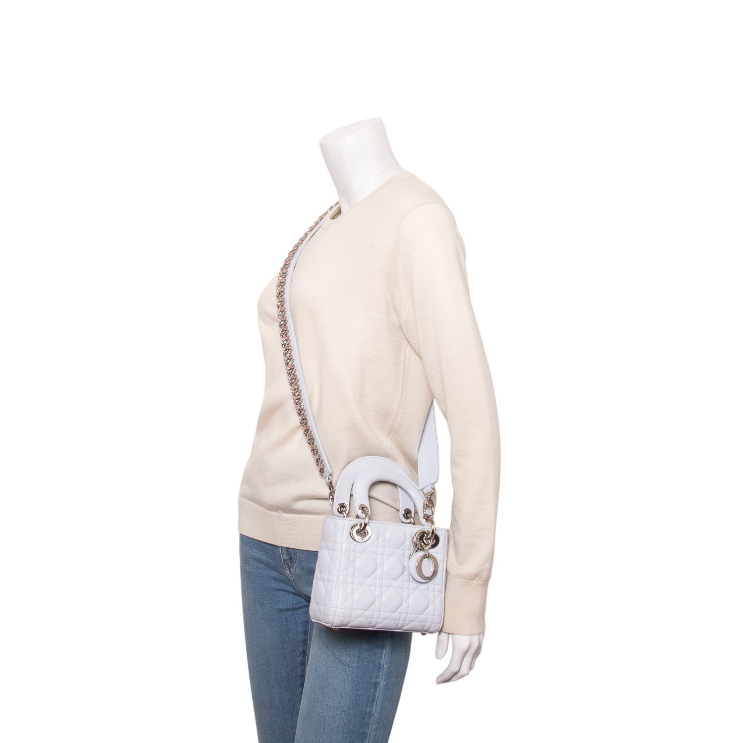 Christian Dior Blue Lambskin Leather Cannage Mini Lady Dior Crystal Strap w/ Box & Authenticity Card