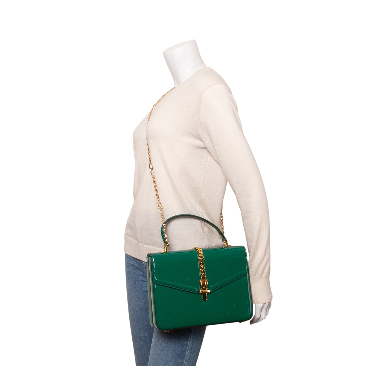 Gucci Green Mousse Top Patent Small Sylvie 1969 Small Top Handle Bag w/ Chain