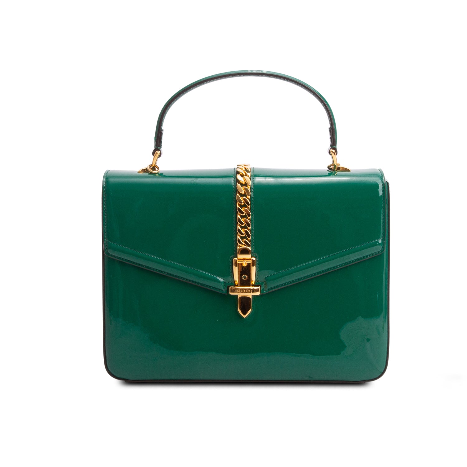 Gucci Green Mousse Top Patent Small Sylvie 1969 Small Top Handle Bag w/ Chain