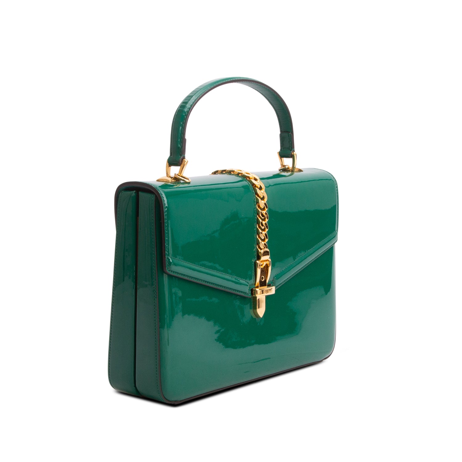 Gucci Green Mousse Top Patent Small Sylvie 1969 Small Top Handle Bag w/ Chain