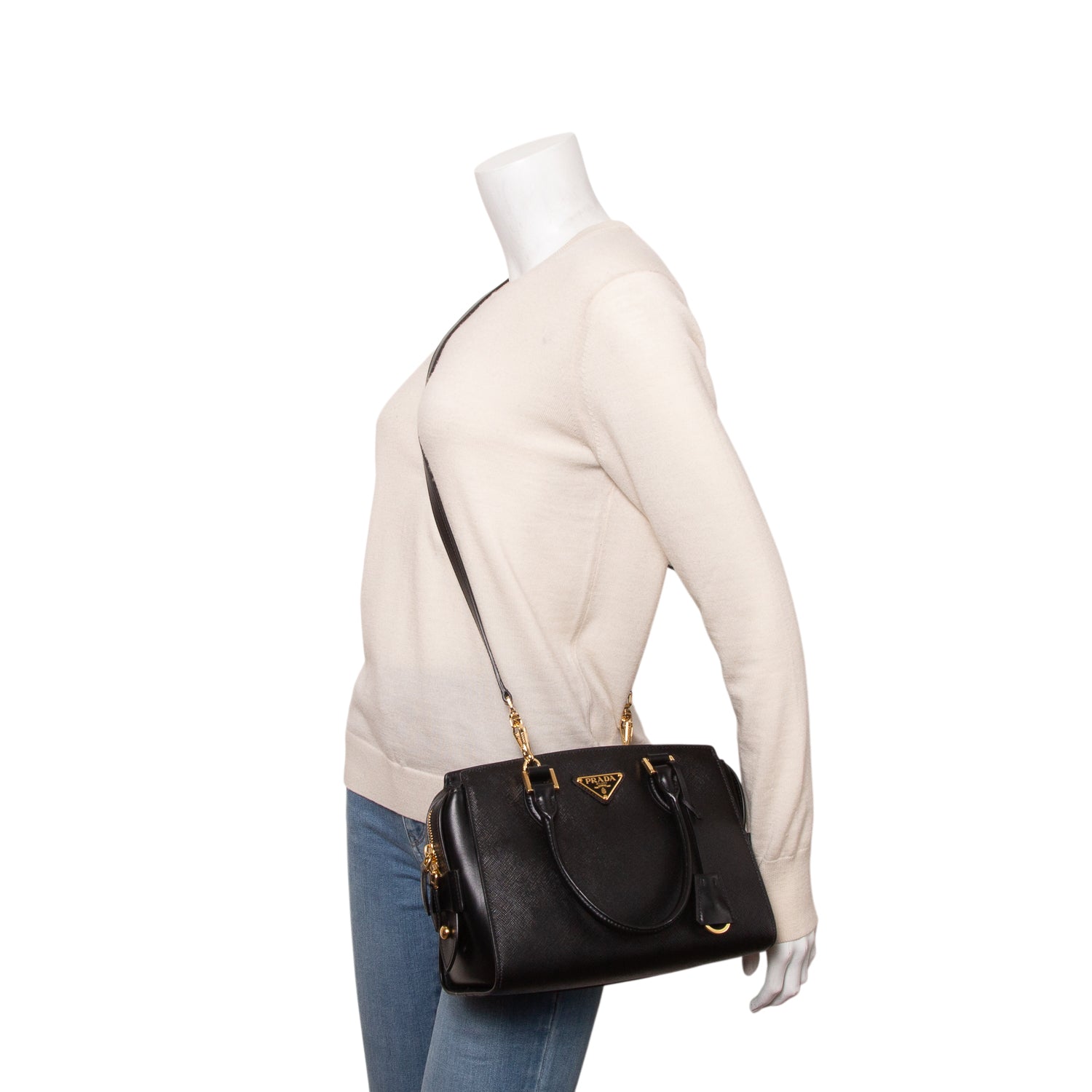 Prada Black Saffiano Soft Calfskin Small Zippered Tote w/ Strap