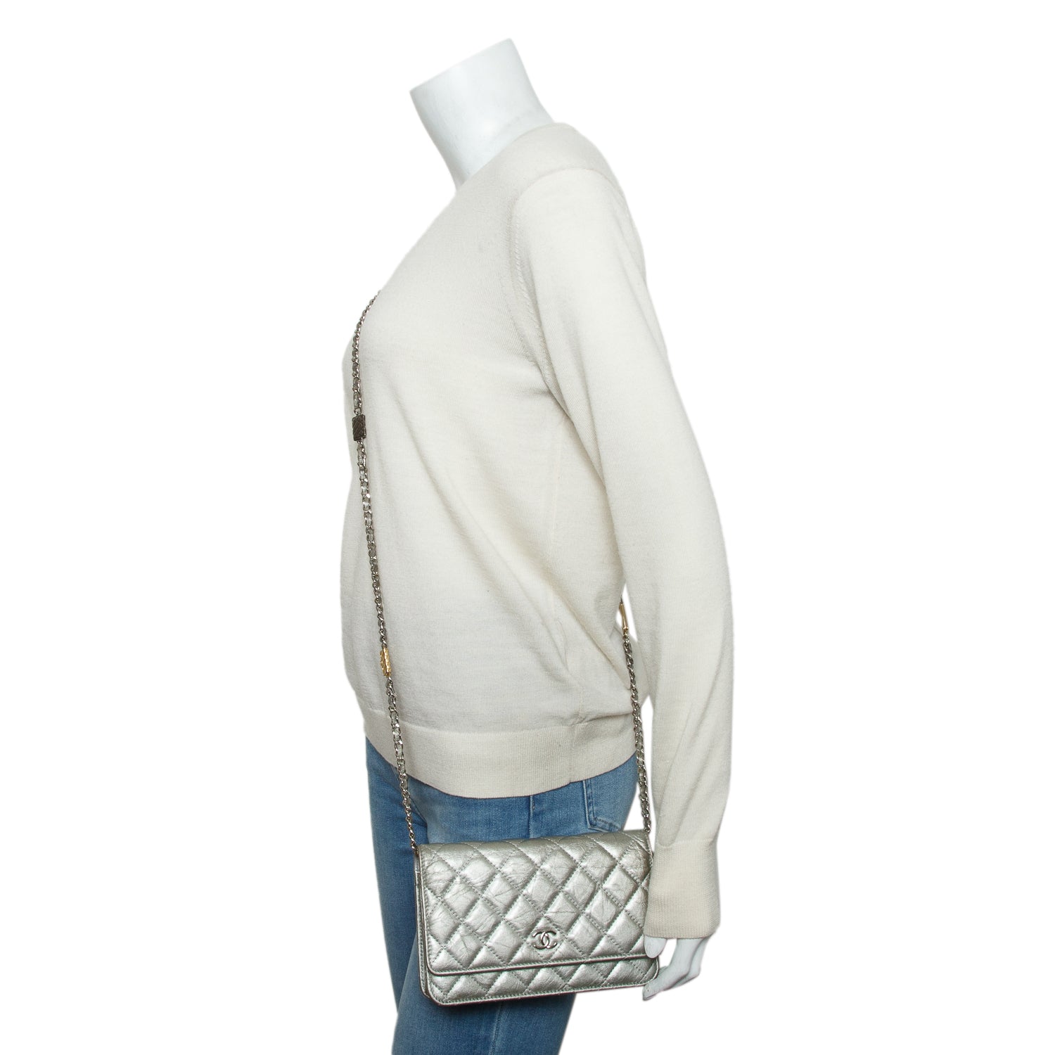 Chanel Silver Lambskin Quilted Wallet on Chain WOC