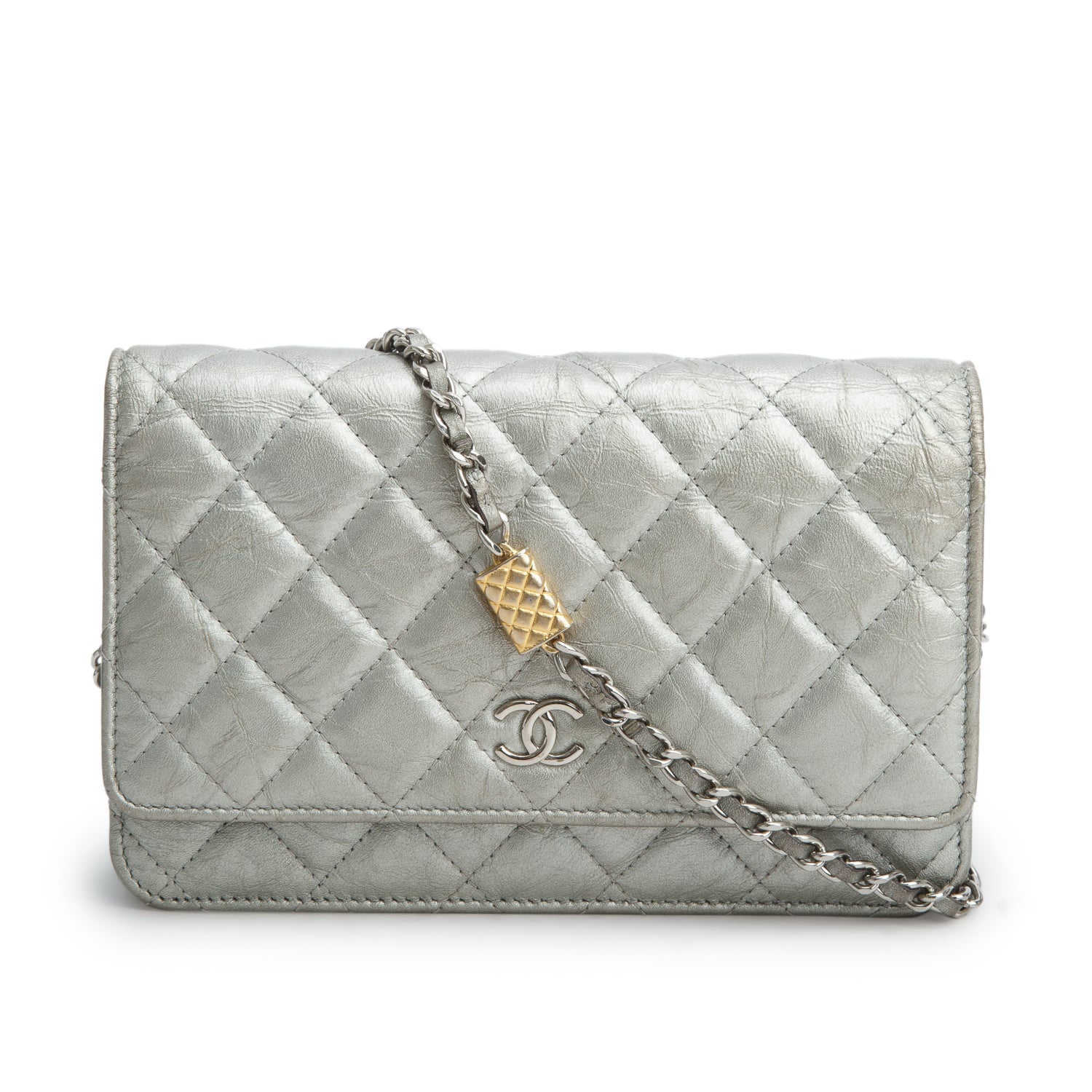 Chanel Silver Lambskin Quilted Wallet on Chain WOC