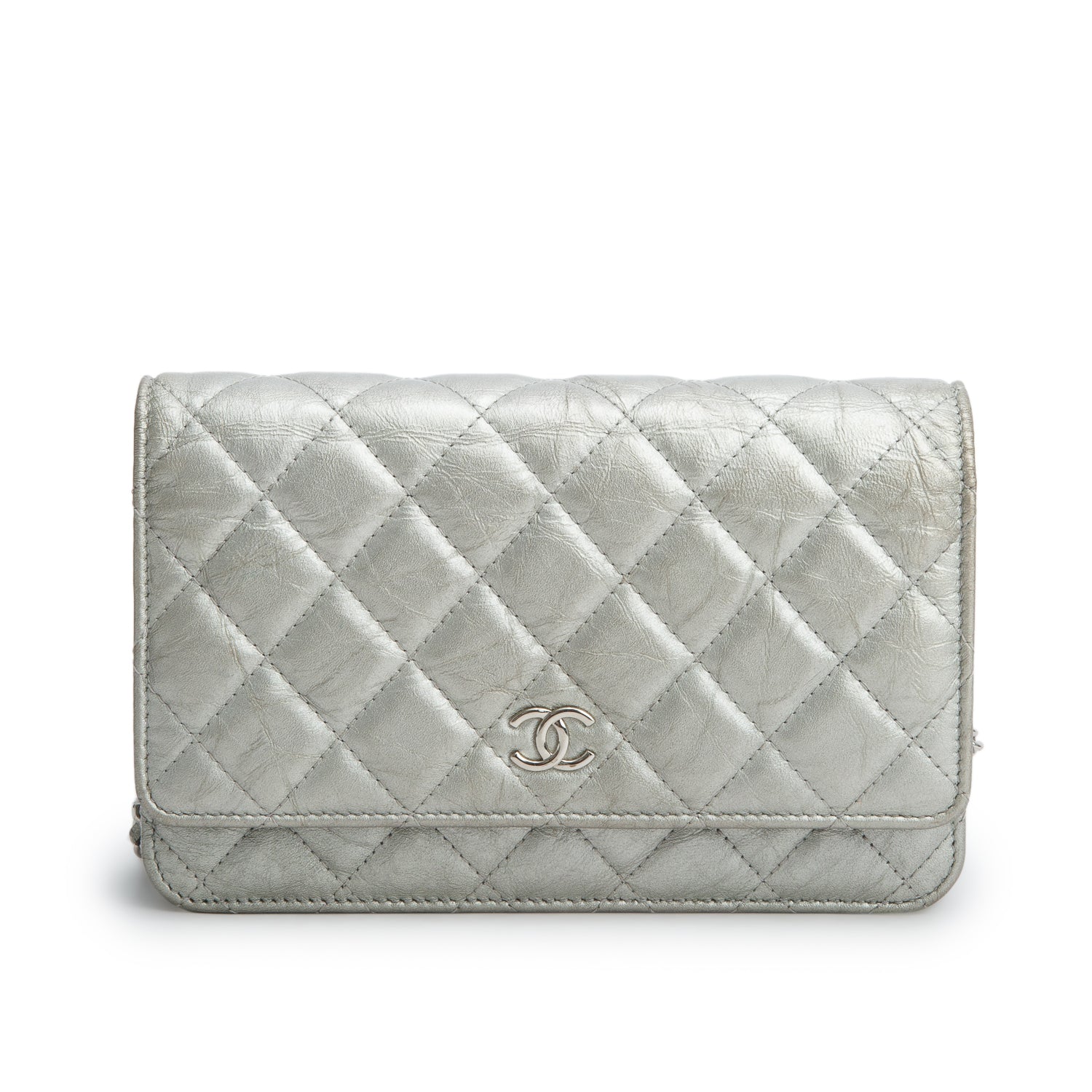 Chanel Silver Lambskin Quilted Wallet on Chain WOC