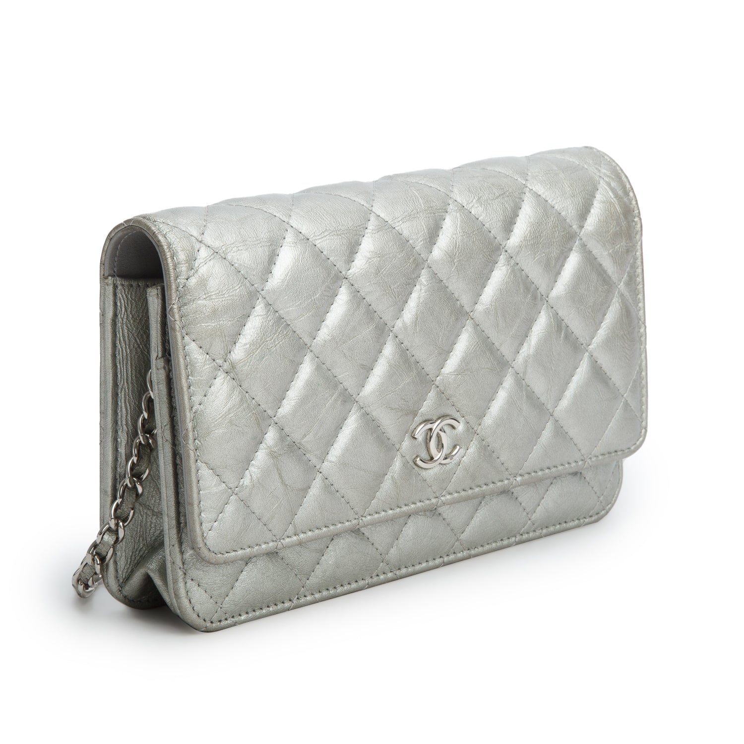 Chanel Silver Lambskin Quilted Wallet on Chain WOC