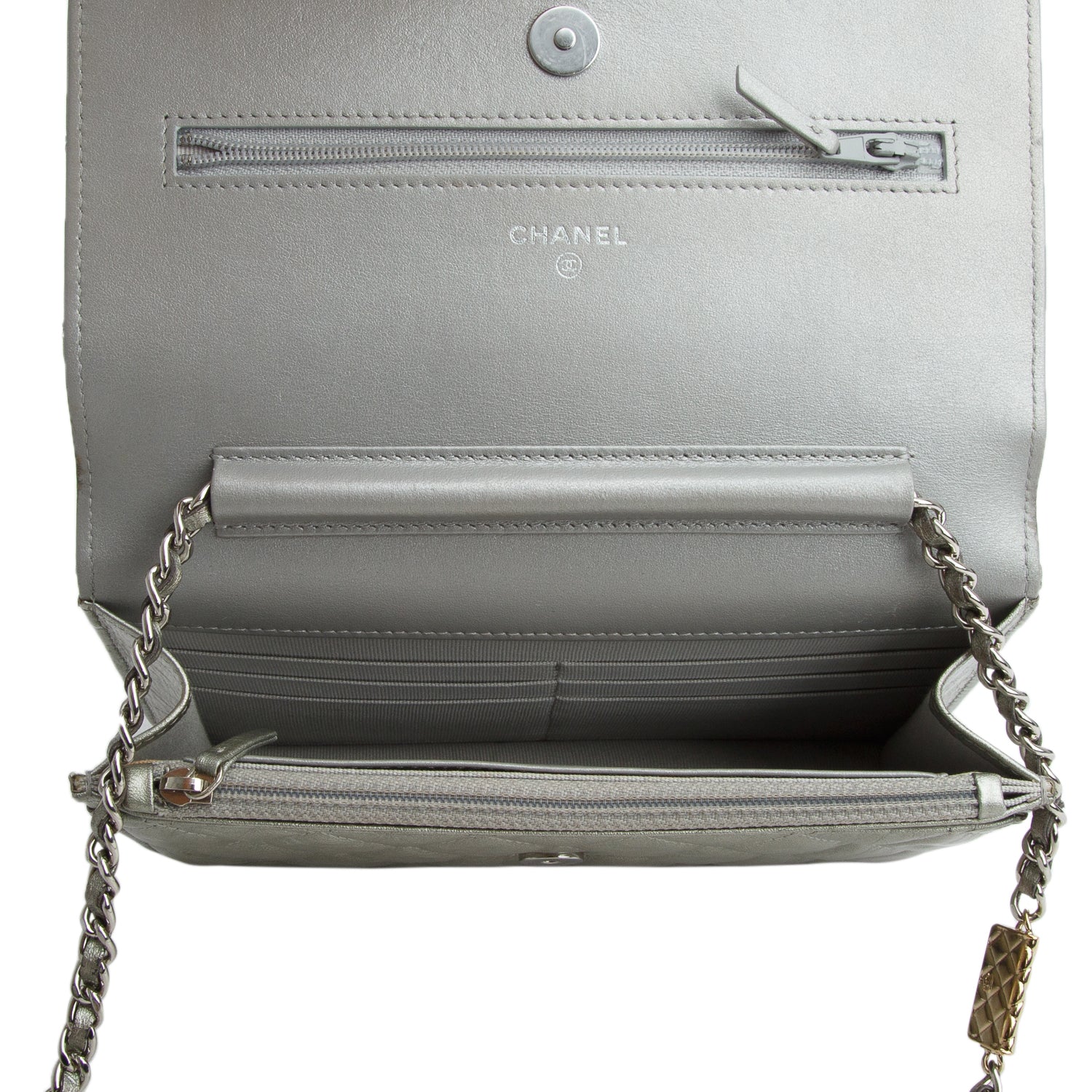 Chanel Silver Lambskin Quilted Wallet on Chain WOC