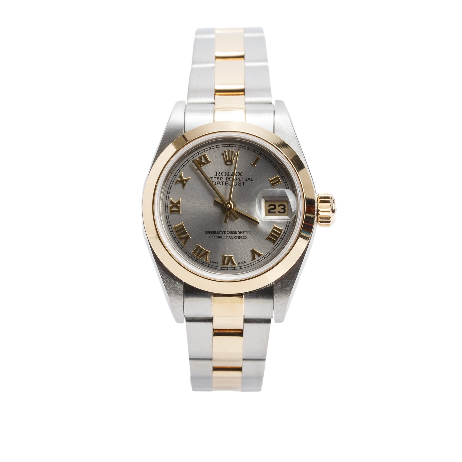 Rolex Stainless Steel & 18k Yellow Gold Datejust 26 MM Watch Silver Roman Dial 79163 w/ Box & Papers
