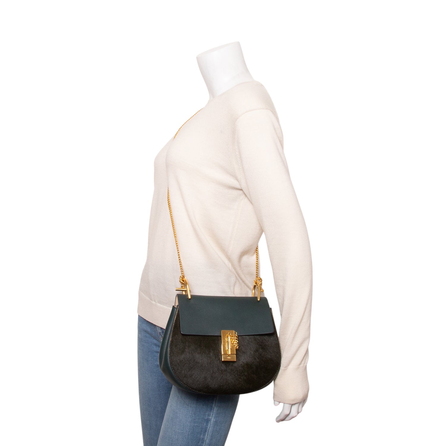 Chloe Green Calfskin & Ponyhair Small Drew Shoulder Bag