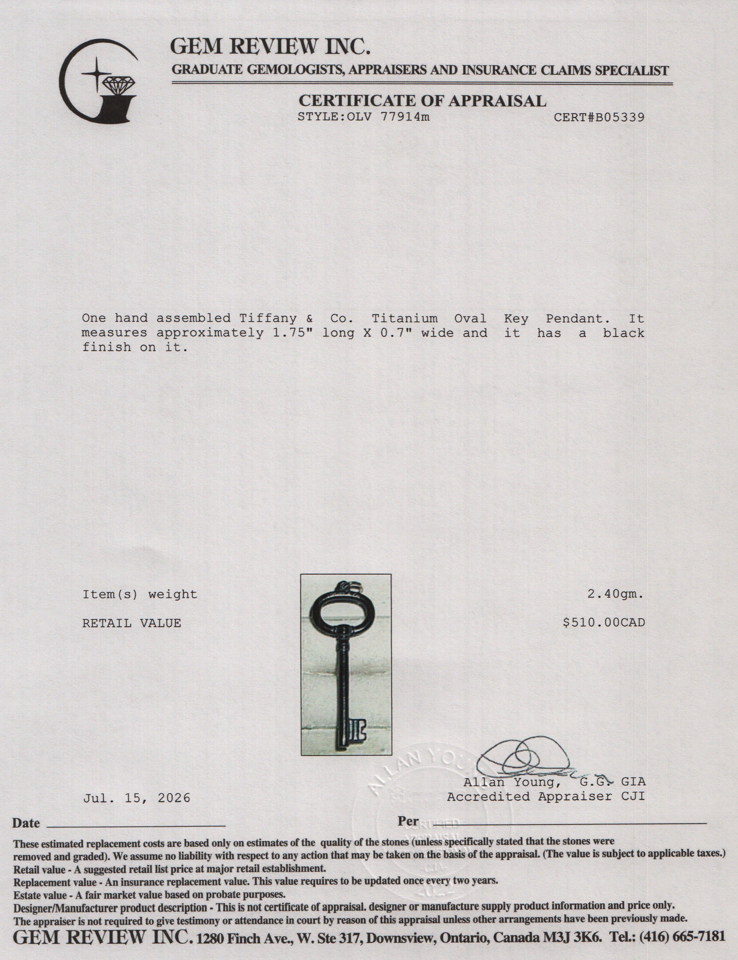 Tiffany & Co. Titanium Oval Key Pendant