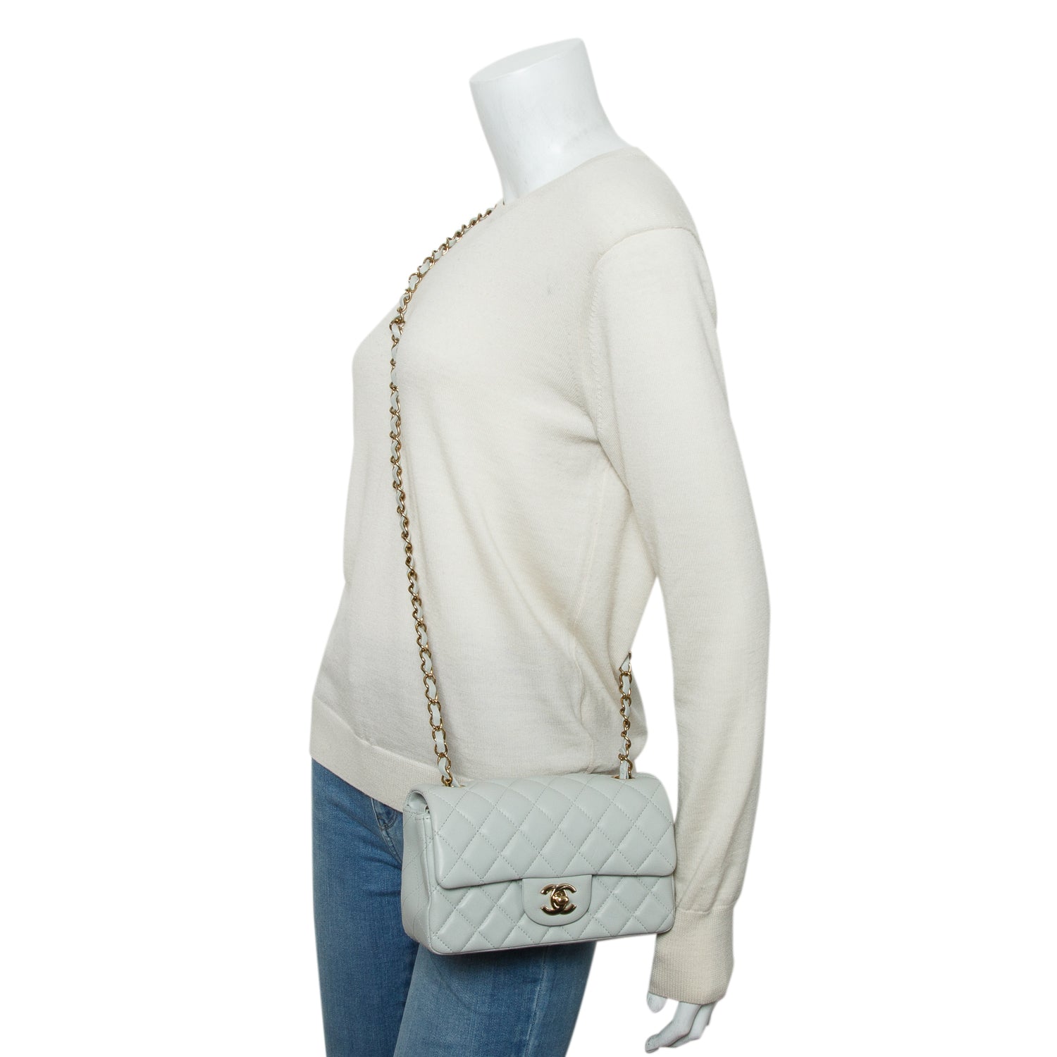 Chanel 2023 Light Grey Lambskin Quilted Leather Mini Rectangular Flap Bag w/ Box & Receipt