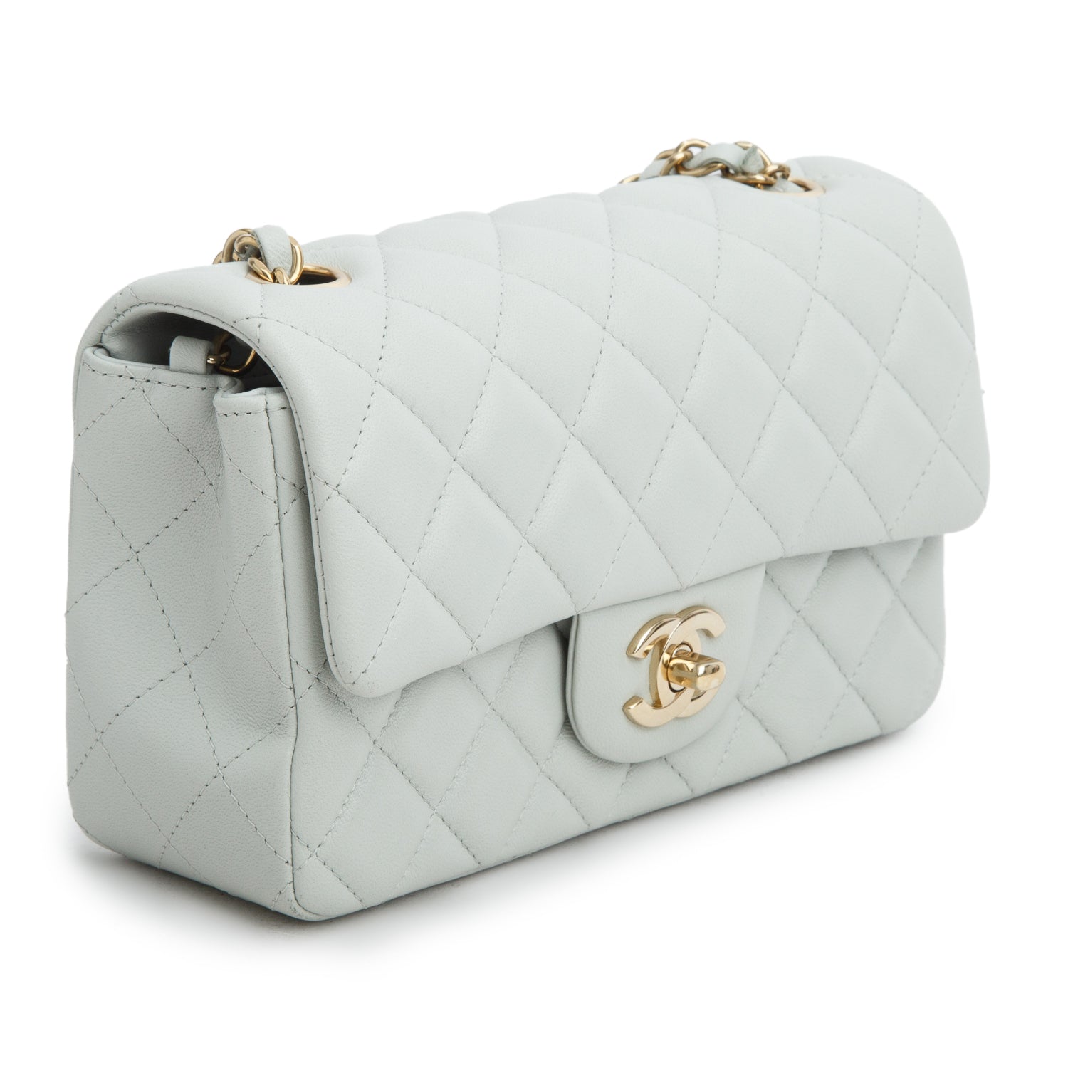 Chanel 2023 Light Grey Lambskin Quilted Leather Mini Rectangular Flap Bag w/ Box & Receipt