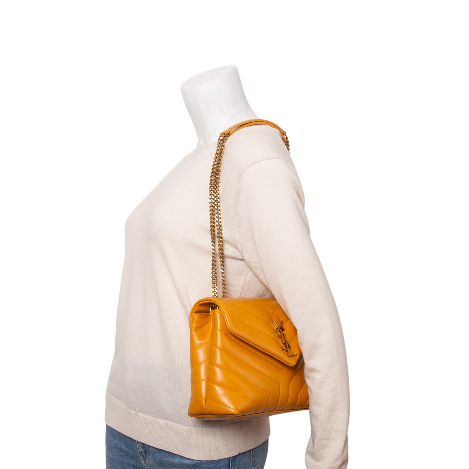 Saint Laurent 2021 Yellow Calfskin Y Quilted Monogram Small Loulou Chain Satchel