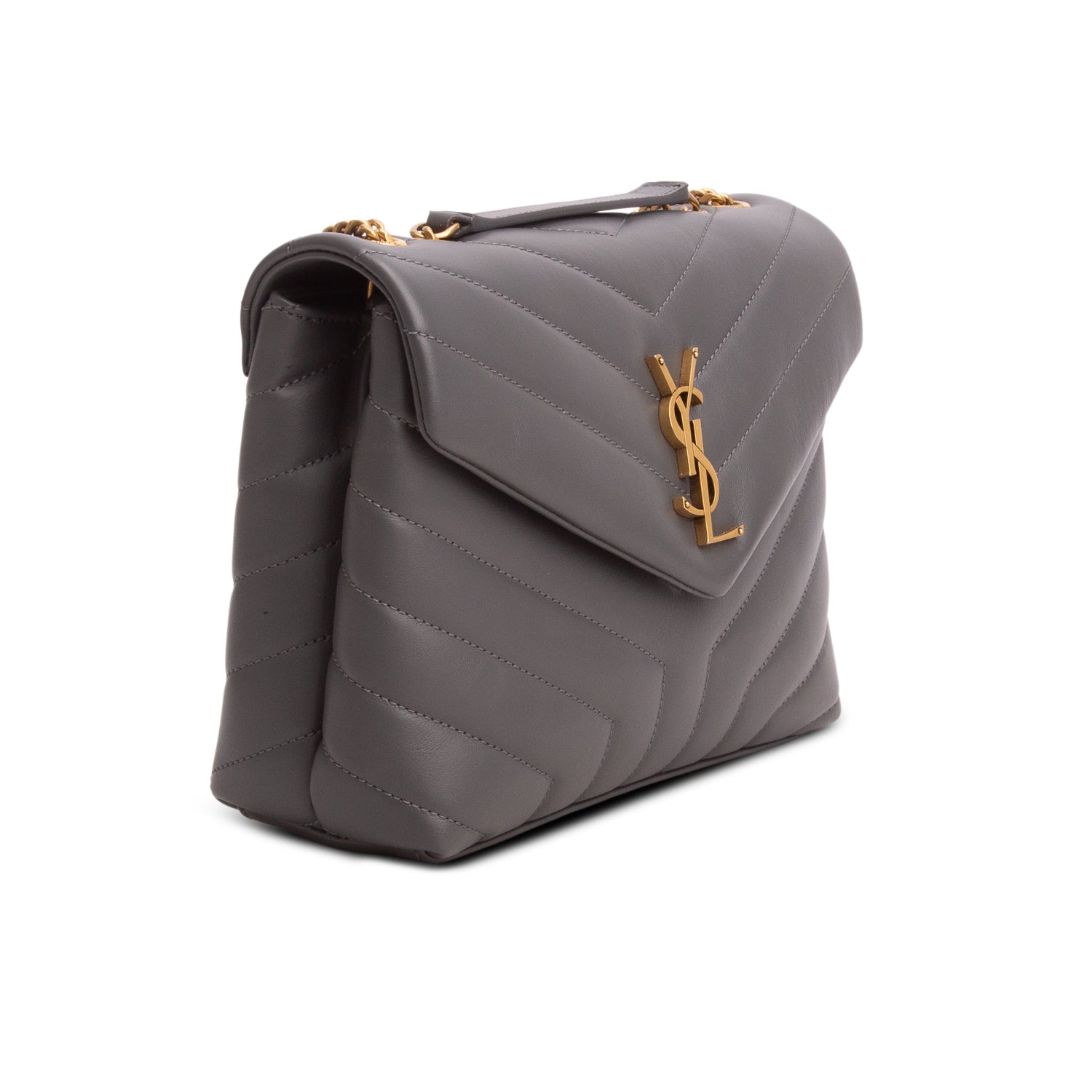 Saint Laurent 2022 Grey Calfskin Y Quilted Monogram Small Loulou Chain Satchel