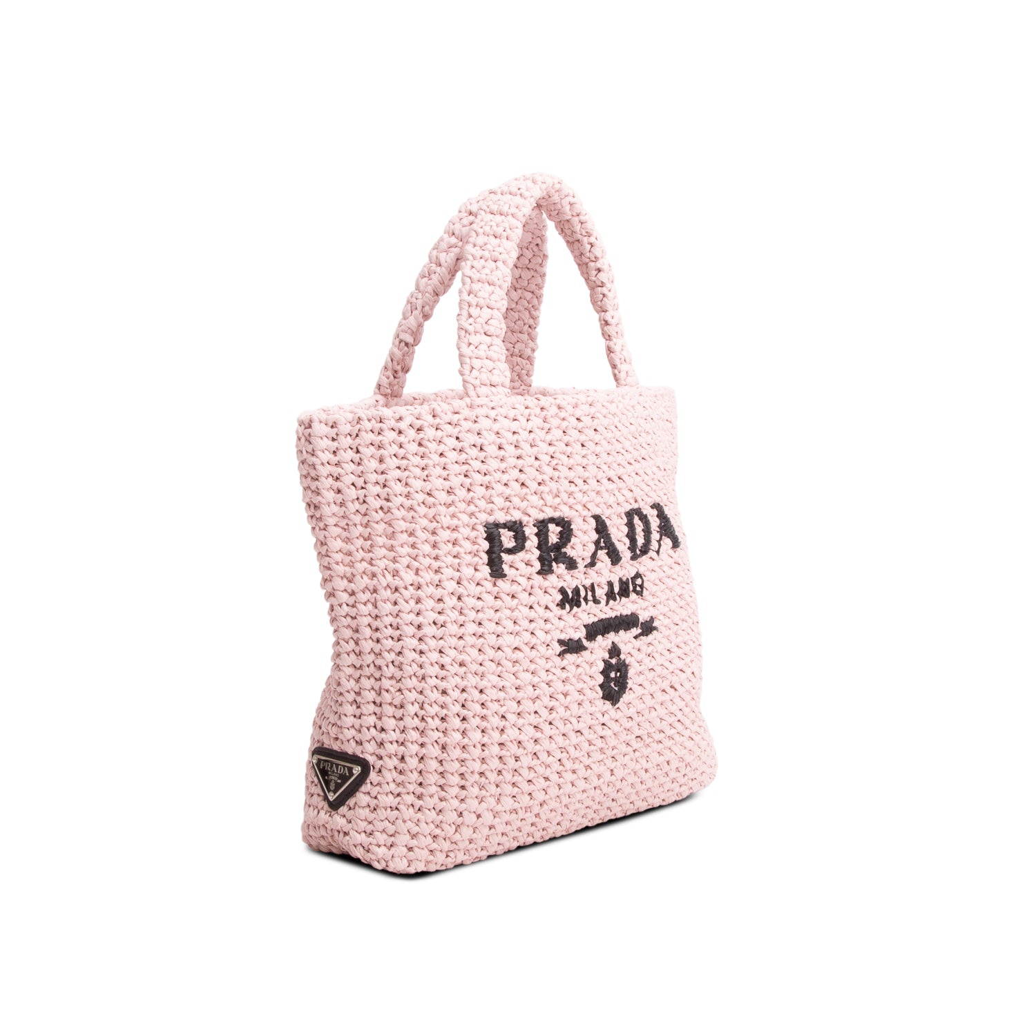 Prada Pink Yarn Raffia Effect Crochet Logo Embroidered Small Tote Bag
