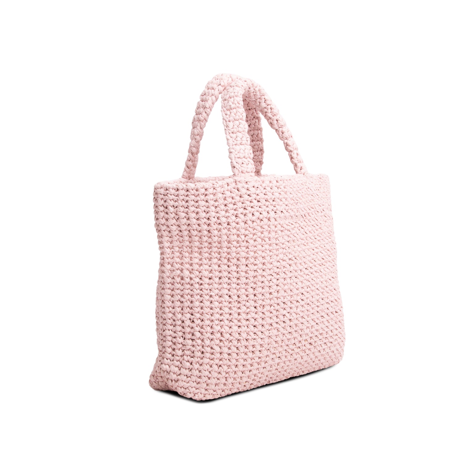 Prada Pink Yarn Raffia Effect Crochet Logo Embroidered Small Tote Bag